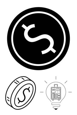 Kalın çizgili sanat eseri, bozuk para, dişli ve çizelgelerle dolu ampul. Finans, tasarruf, beyin fırtınası, yenilik, yatırım ekonomisi teknolojisi için idealdir. Soyut satır düzlüğü