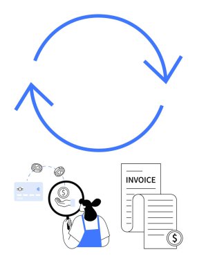 İşlemi, kredi kartını ve dolar işaretli fatura simgelerini analiz eden kişiyi sembolize eden dairesel oklar. Finans, muhasebe, otomasyon, ödemeler, denetim, işlem için ideal