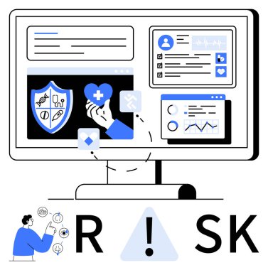 Computer screen displaying medical data, health icons, graphs, and doctor profile. Ideal for healthcare analytics, risk management, medical software, healthcare communication, patient monitoring clipart