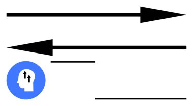Baş silueti yukarı doğru okların yanında koyu siyah oklar ve farklı uzunluklarda paralel çizgiler. Liderlik, büyüme, odaklanma, strateji, karar verme, dinamik, soyut çizgi için ideal