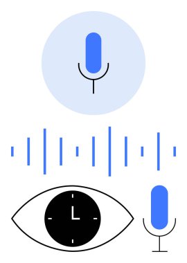 Mavi mikrofon, ses dalgaları, göz şeklindeki saat, taşıma süresi, ses kaydı ve ses analizi. Ses tasarımı, podcastlar, ses yapay zekası yaratıcılığı üretkenlik vizyonu için ideal