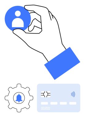 El ele tutuşan kullanıcı profili simgesi, uyarı zilli teçhizat, çipli kredi kartı ve irtibatsız sembol. Kullanıcı yönetimi, özelleştirme, fintech, bildirimler, güvenlik, dijital için ideal