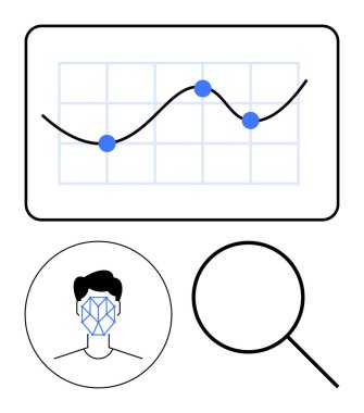 Noktalı grafikler, yüz tanıma ağı desenli baş ve büyüteç. Teknolojik yenilik için ideal, yapay zeka, araştırma, veri görselleştirme, biyometrik kimlik güvenliği. Soyut