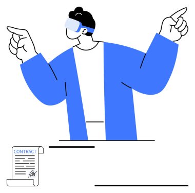 AR gözlüğü takan şahıs, aşağıda imzalı bir sözleşme dururken dinamik bir şekilde el kol hareketi yapar. Teknoloji, yenilik, AR, sözleşmeler, dijital anlaşmalar, fütüristik temalar, soyut çizgiler için ideal