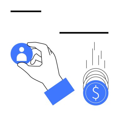 Madeni paralar düşerken bir kullanıcı simgesini tutarak kaynak tahsisini ve finansal tercihleri sembolize ediyor. Finans, yatırım, insan kaynakları, işe alım, iş stratejisi, pazarlama için ideal