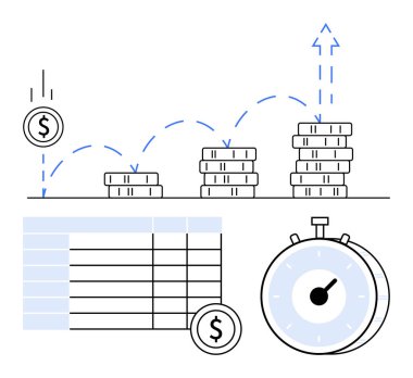 Yükselen bozuk paralar, noktalı ok, kronometre ve tablo ilerlemeyi, zamanı ve hesaplamaları temsil ediyor. İş için ideal, yatırımlar, tasarruflar, zaman yönetimi analitik büyüme stratejileri