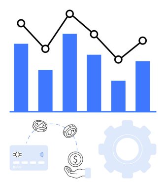 Kredi kartı, bozuk para, el ve teçhizatla yapılan mali işlemleri gösteren bir satırla bağlantılı mavi çubuk grafiği. Finans, işletme, veri analizi, ekonomik öğrenim yatırımı için ideal