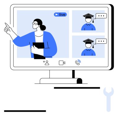 Öğretmenin elinde bir kitabı tutarken, mezuniyet şapkası takan öğrencilerle iletişim kurarken ders vermesi. Çevrimiçi öğrenme, uzaktan eğitim, webinarlar, sanal sınıflar, e-öğrenme araçları için ideal