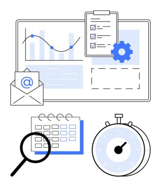 Analiz çizelgesi, e-posta, kontrol listesi, takvim, kronometre ve büyüteç simgesi üretkenliği, zaman yönetimini ve planlamayı simgeler. Verimlilik için ideal iş akışı süreleri optimizasyon zamanlaması