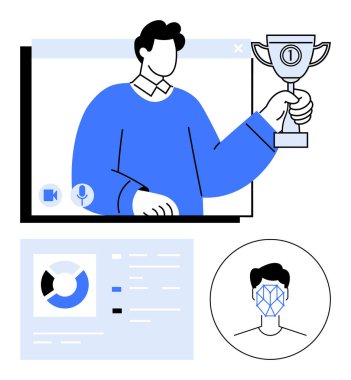 Video arayüzü, veri analizi grafikleri ve biyometrik yüz tanıma sisteminde bir kupa tutan kişi. Uzak ödüller, online etkinlikler, takım çalışması başarısı, sanal araçlar, liderlik için ideal