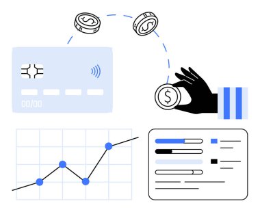 El ele tutuşma, temassız özellikli kart, hareket halindeki bozuk paralar, analiz çizelgesi ve gösterge paneli. Finans, teknoloji, bankacılık, ödeme sistemleri veri analiz ekonomisi için idealdir.