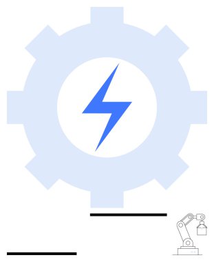 Blue lightning bolt within a gear symbolizing energy and innovation. Industrial robotic arm indicating automation, modern manufacturing, and engineering processes. Ideal for industry, energy, tech clipart