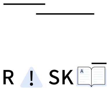 Üçgenin içinde ünlem işareti olan büyük R, K harfleri ve risk kavramını temsil eden açık bir kitap. Eğitim, ihtiyat, güvenlik, finans, iş ve sigorta için ideal. Satır metaforu