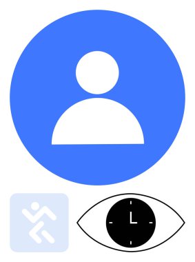 Mavi çemberdeki kullanıcı profili sembolü, mor göz içindeki minimalist saat ve soyut figür çalışıyor. Kimlik, üretkenlik, etkinlik izleme, zaman yönetimi, kullanıcı arayüzleri, görsel