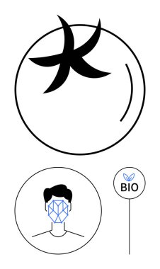 Circular biometric face scan next to bio-label with plant symbol. Ideal for identity verification, AI, security, eco-technology, personal data, natural integration, abstract line flat metaphor clipart