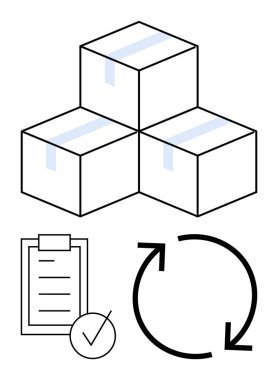 Üç yığın kutu, işaretli bir kontrol listesi ve geri dönüşüm okları. Lojistik, envanter, tedarik zinciri, organizasyon, dairesel ekonomi, dağıtım sistemleri soyut düz metafor için ideal