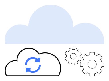Siyah ve beyaz dişlilerin yanında senkronize okları olan mavi bulut. Bulut hesaplama, veri yönetimi, bilişim çözümleri, teknolojik çizimler, yazılım güncellemeleri, işlem otomasyonu için idealdir. Satır metaforu