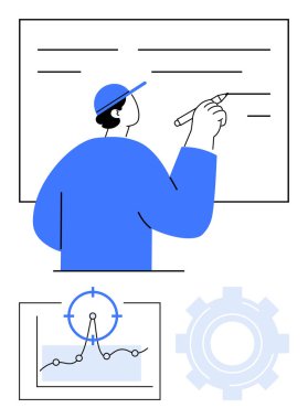 Üzerinde analitik çizelge ve vites sembolü olan bir yazı tahtası. Strateji, planlama, hedef belirleme, eğitim, takım çalışması, yenilik, iş akışı için ideal. Soyut çizgi düz metafor