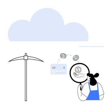 Kadın dijital para transferini kredi kartıyla incelemek için büyüteç kullanıyor. Yanında bir kazma ve büyük bir bulut sembolü var. Fintech, kripto para birimi, blok zinciri, veri madenciliği için ideal