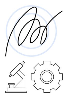 Curved line with concentric circles, microscope, and gear represent science, technology, research, and process. Ideal for innovation, education, STEM engineering creativity analytics abstract clipart