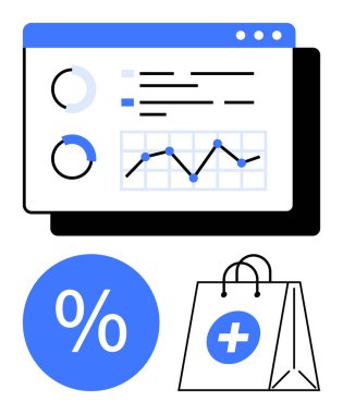 Ekrandaki performans ölçümlerini gösteren veri tablosu, indirimli yüzde sembolü ve tıbbi haçlı alışveriş çantası. E-ticaret, indirim, satış analizi, online alışveriş, performans için ideal