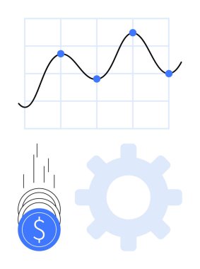 Graph with trend line and data points, coins representing financial gain, and a gear indicating optimization. Ideal for business analytics, investment strategies, finance education, performance clipart