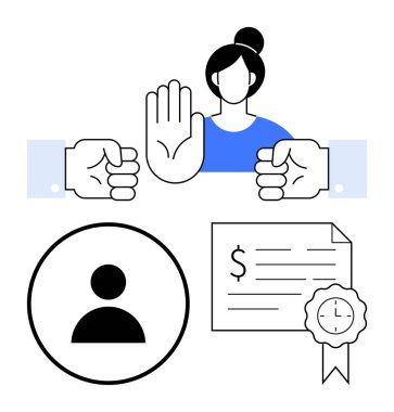 İki yumruk arasındaki çatışmayı durdurmak için elini kaldıran kadın kullanıcı profili ikonu, mühürlü sertifika. Çatışma çözümü, iletişim, takım çalışması, bireysel tanıma ve başarılar için ideal