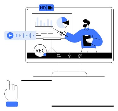 Bir bilgisayar ekranında veri grafiklerini kayıt, HD video ve ses simgeleriyle sunan kişi. Webinarlar, analitikler, e-öğrenim, sanal toplantılar, online işbirliği, soyut eğitim için ideal