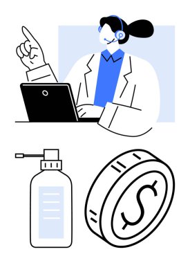 Kulaklık takan müşteri temsilcisi yanında tıbbi bir şişe ve bozuk para olan bir dizüstü bilgisayar kullanıyor. Sağlık hizmetleri, finansal destek, çevrimiçi yardım, teletıp, uzaktan çalışma için ideal