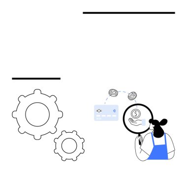 Elinde bir büyüteç tutan kişi kredi kartı ve bozukluklarla temsil edilen finansal verileri analiz ediyor. Arka planda büyük ve küçük vites simgeleri var. Finansal analiz, veri incelemesi ve ödeme için ideal