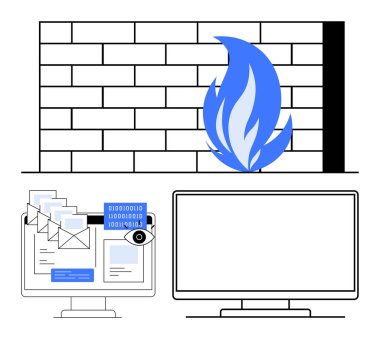 Alevli tuğla duvar, bilgisayar monitörleri, e-postalar, dijital göz ve ikili kod. Teknoloji, siber güvenlik, veri koruması, dijital güvenlik ağı güvenliği çevrimiçi bilgi işlem gizliliği için ideal