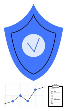 Üzerinde işaret olan mavi kalkan güvenliği iletiyor. Büyüme eğilimi olan çizgi grafiği ve pano kontrol listesi veri izleme, ilerleme ve güvenilirliği sembolize ediyor. Güvenlik, analitik ve uyum için ideal
