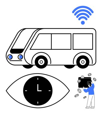 Futuristic bus integrates wireless, clock-eye symbol for time tracking, and a digital payment user surrounded by coins. Ideal for transport, technology, innovation, connectivity, accessibility clipart