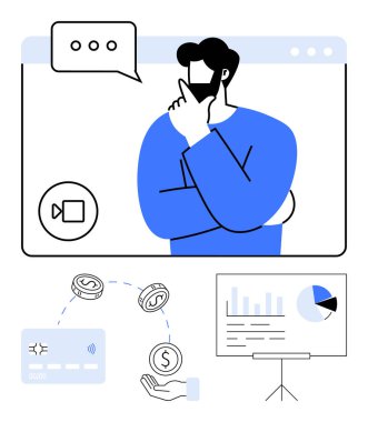 Video görüşmesi sırasında iş dünyasının profesyonel düşüncesi, ekrandaki finansal verileri analiz etmek ve ödeme yöntemlerini düşünmek. Sanal toplantılar için ideal, çevrimiçi finans yönetimi, iş stratejisi, uzaktan kumanda