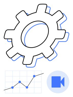 Üst üste binen hatlar, yükselen çizgi grafiği ve video çağrı ikonu süreçleri, büyümeyi, işbirliği ve teknolojiyi sembolize ediyor. Yenilik için ideal, takım çalışması, verimlilik üretkenlik stratejisi