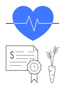 EKG çizgisi olan mavi kalp, kurdeleli mali sertifika ve havuç sağlık ve finansal sağlığı temsil ediyor. Temalar için ideal sağlık, sağlık, yatırım, beslenme, mali büyüme