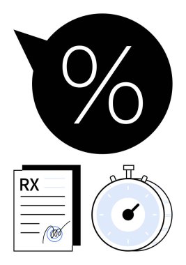 İmzalı reçete kağıdı ve kronometrenin üzerindeki yüzde işareti. Sağlık ekonomisi, karar verme, ilaç maliyeti, zaman yönetimi, verimlilik, finansal analiz, soyut çizgi düz