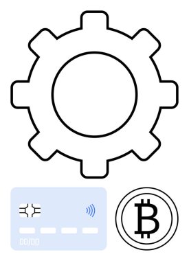 Üzerinde Bitcoin simgesi ve temassız kredi kartı olan vites sembolü fintech yeniliği, engelleme zinciri ve kripto para birimini simgeliyor. Finans, e-ticaret, teknoloji, ödemeler, işlem, dijital için ideal