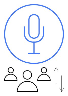 Mikrofon üç figür ve oklarla çevrili bir daire içinde. İletişim, grup etkileşimi, liderlik, podcast, yayın, topluluk önünde konuşma. Ağ oluşturma ve işbirliği için ideal