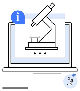 Microscope displayed on laptop screen with information and robotic arm icons. Ideal for education, research, technology, innovation, automation, online learning, and modern science abstract line flat clipart