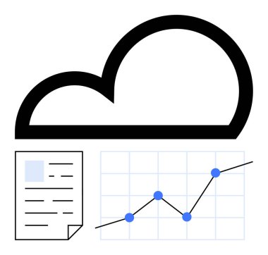 Veri analizi ve dijital dosya depolamasını gösteren çizgi grafik ve belge sunumuna sahip bulut simgesi. Bulut teknolojisi, veri işleme, SaaS, analitik araçlar, dosya paylaşımı, dijital