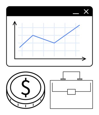 Yukarı doğru eğilimli grafikler, dolar sembollü madeni paralar ve evrak çantası. Finans, yatırım, iş büyümesi, ekonomik planlama, refah yönetimi, mesleki başarı soyut çizgi için ideal