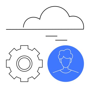 Bulut çizgisi, ayarlar için teçhizat, mavi daireli kullanıcı avatarı. Veri yönetimi, kullanıcı profilleri, bulut hesaplama, teknoloji hizmetleri, SaaS araçları, dijital kimlik özeti düz metaforu için ideal