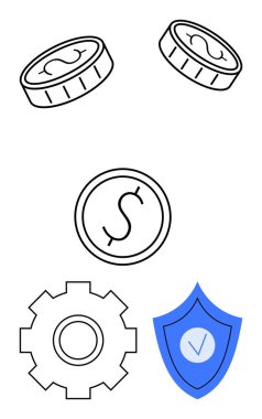 Dolar sembollü siyah çizgi sikkeler, işlem optimizasyonu için teçhizat, güvenlik kontrolü için mavi kalkan. Finans, bankacılık, güvenlik, para yönetimi, güven, işlemler için ideal
