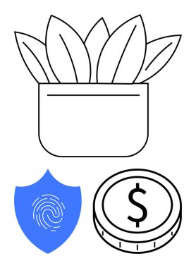 Büyümek için minimalist saksı bitkisi, parmak izli güvenlik kalkanı ve refah için bozuk para. Finans, eko-sürdürülebilirlik, tasarruflar, biyometrikler, yatırımlar, büyüme ve soyut düz çizgi için ideal