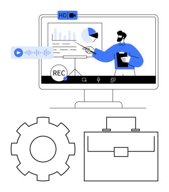 Virtual presenter explaining charts on a monitor with video controls, speech audio, briefcase, and gear icon. Ideal for remote work, education, analysis, strategy, planning technology abstract line clipart