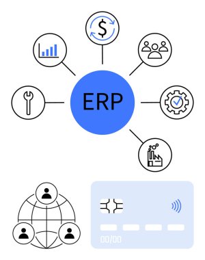 Finans, analitik, takımlar, araçlar, süreçler ve fabrikalar için ikonlar içeren ERP merkezi. Kart ve ağ grafiğini içerir. İş akışı veri entegrasyonu için ideal. Düz soyut çizgi mecazı