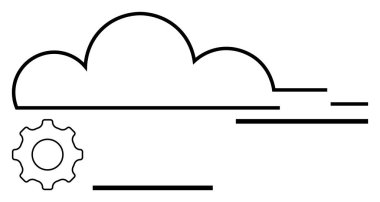 Gear bir bulut simgesi ve dinamik çizgiler ile bütünleşerek bulut hesaplama, otomasyon, veri akışı ve teknolojiyi sembolize eder. IT, ağ oluşturma, yenilik, yazılım, dijital dönüşüm depolama için ideal
