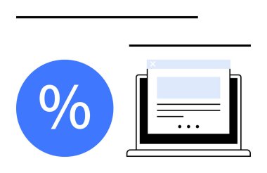 Bir web sayfası gösteren dizüstü bilgisayarın yanında büyük mavi yüzdelik sembol. Pazarlama, e-ticaret, çevrimiçi alışveriş, dijital satış, reklam, web sitesi analizleri, finansal ölçüler, soyut çizgi