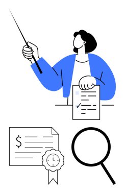 Yükseltilmiş işaretçi eli kontrol listesi, büyüteç ve kurdele mühürlü sertifikalı belge. Sunumlar için ideal, mali danışma, eğitim, iş stratejisi, kalite